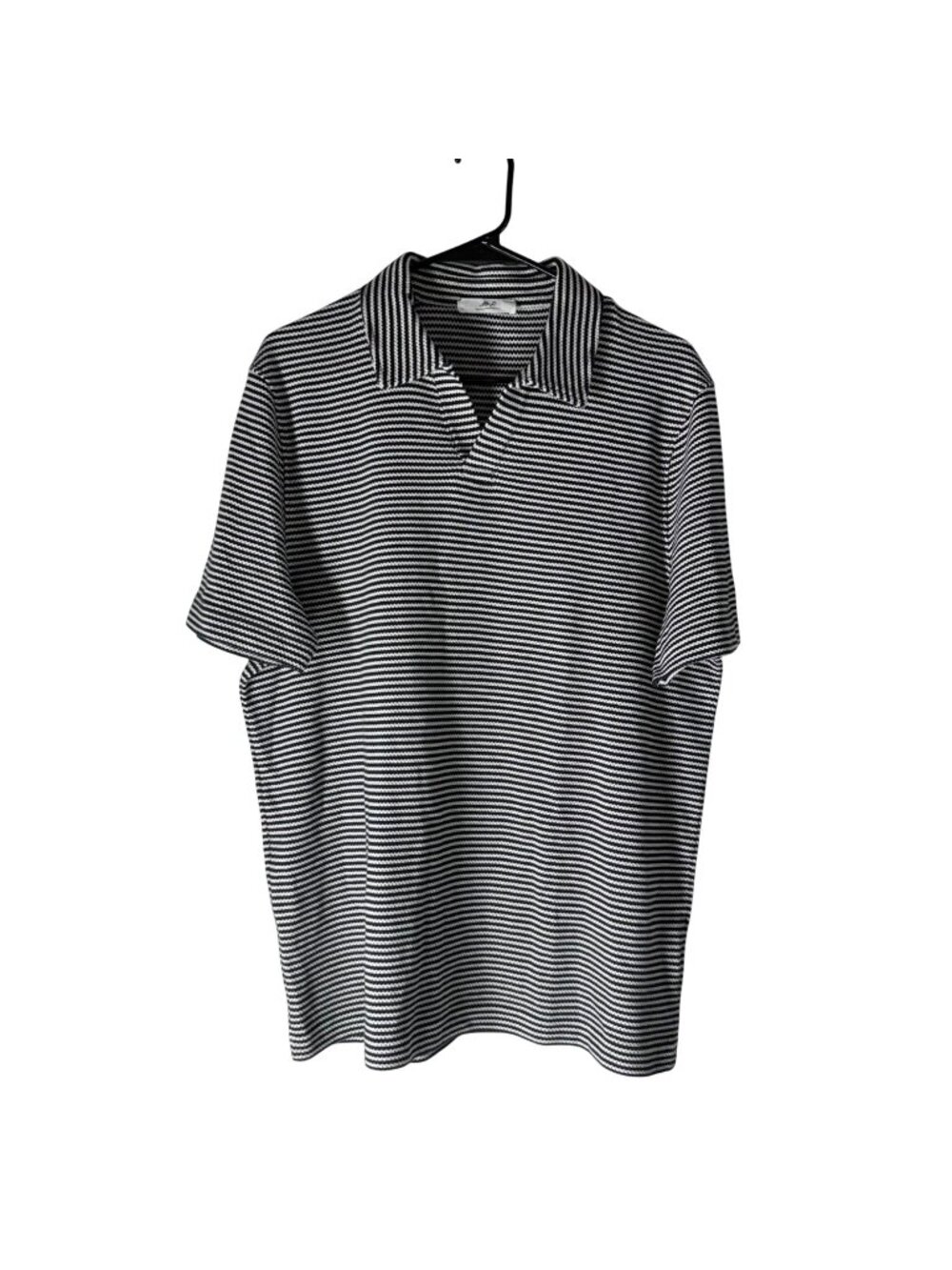 Mr P. Black White Striped Crochet Knit Organic Cotton Polo Shirt Mens Medium